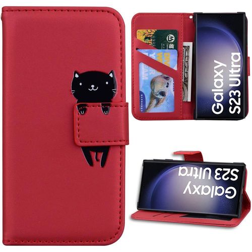 Coque Pour Samsung Galaxy S23 Ultra, Housse Rabat Cuir Pu Rouge Avec Motif Chat Mignon Fermeture Magnétique (Pas Pour S23) - Booling