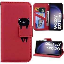 Coque Pour Samsung Galaxy S23 Ultra, Housse Rabat Cuir Pu Rouge Avec Motif Chat Mignon Fermeture Magnétique (Pas Pour S23) - Booling