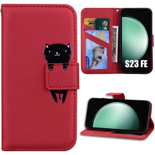 Coque Pour Samsung Galaxy S23 Fe, Protection Rabat Antichoc Effet Cuir Rouge Motif Cartoon Animal (Pas Pour S23) - Booling