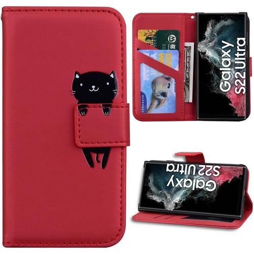 Coque Pour Samsung Galaxy S22 Ultra, Housse Portefeuille Cuir Pu Rouge Cartoon Animal Chat Avec Support (Pas Pour S22) - Booling