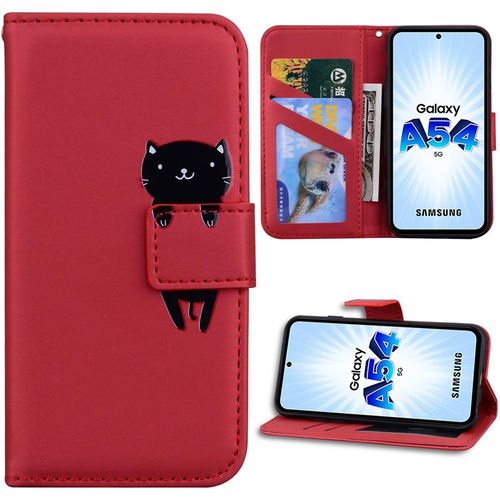 Coque Pour Samsung Galaxy A54 5g, Protection Antichoc Synthécuir Rouge Motif Chat - Booling
