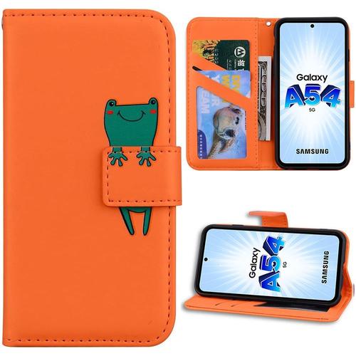 Coque Pour Samsung Galaxy A54 5g, Protection Rabat Antichoc Effet Cuir Orange Motif Cartoon Animal - Booling
