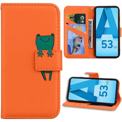 Coque Pour Samsung Galaxy A53 5g, Protection Antichoc Synthécuir Orange Motif Grenouille - Booling