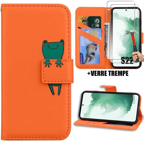 Coque Pour Samsung Galaxy S22, Coque Rabat Orange Effet Cuir Anti-Rayures Antichoc + 2 Verres Trempés - Booling