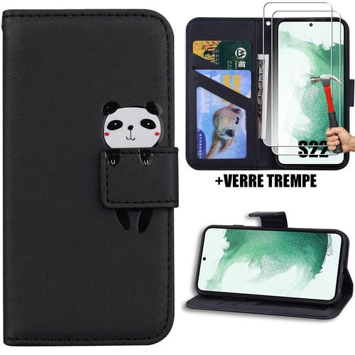 Coque Et 2 Verres Trempés Pour Samsung Galaxy S22, Protection Anti-Rayures Effet Cuir Noir Motif Panda - Booling