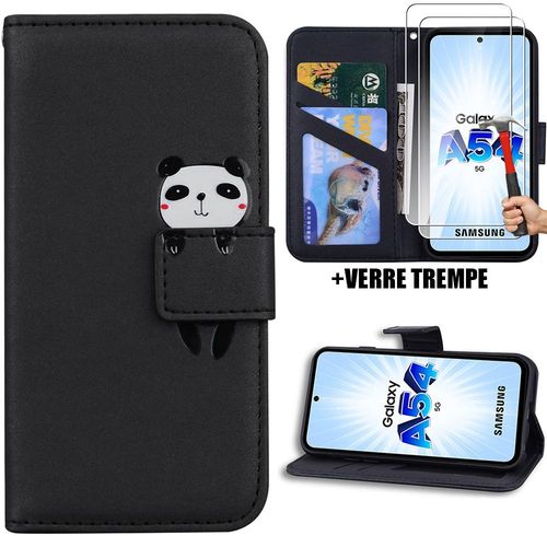 Coque Pour Samsung Galaxy A54 5g, Protection Anti-Rayures Effet Cuir Noir Motif Panda + 2 Verres Trempés - Booling