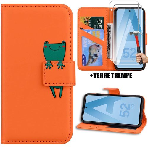 Coque Pour Samsung Galaxy A52s 5g A52 4g/5g, Protection Anti-Rayures Effet Cuir Orange Motif Grenouille + 2 Verres Trempés - Booling