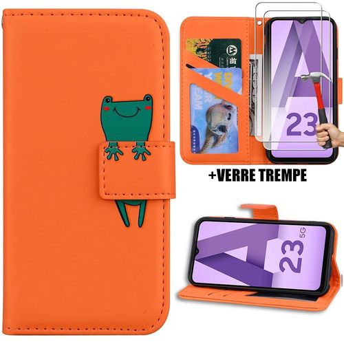 Coque + 2 Verres Trempés Pour Samsung Galaxy A23 5g, Cuir Pu Orange Cartoon Animal Grenouille Avec Support - Booling