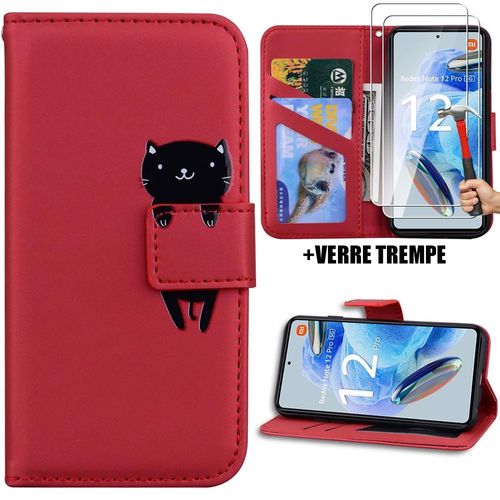 Coque Pour Xiaomi Redmi Note 12 Pro 5g, Protection Effet Cuir Rouge Fermeture Magnétique Motif Chat + 2 Verres Trempés - Booling