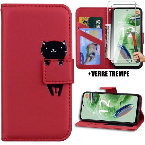 Coque Pour Xiaomi Redmi Note 12 5g, Motif Chat Mignon Portefeuille Effet Cuir Rouge (Pas Pour Redmi 12 5g) + 2 Verres Trempés - Booling