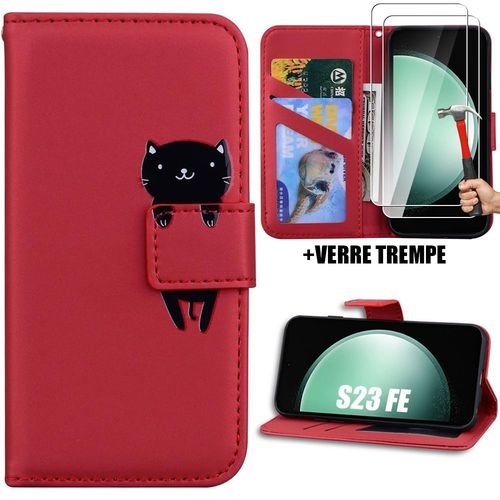 Coque + 2 Verres Trempés Pour Samsung Galaxy S23 Fe, Protection Antichoc Effet Cuir Rouge Motif Animal (Pas Pour S23) - Booling