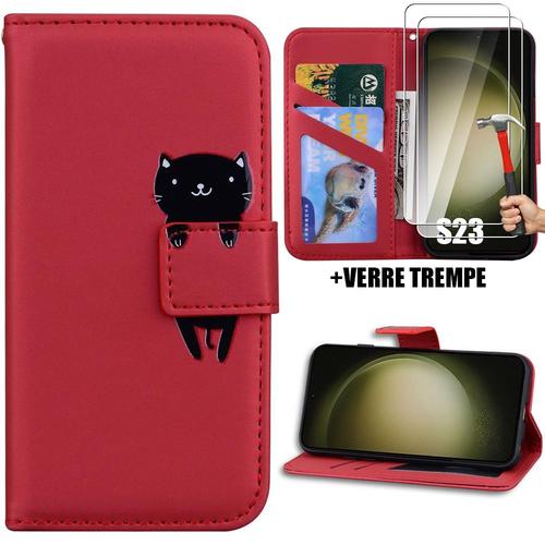 Coque Pour Samsung Galaxy S23, Protection Anti-Rayures Effet Cuir Rouge Motif Chat + 2 Verres Trempés - Booling