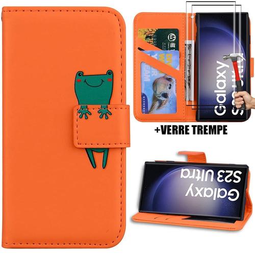 Coque + 2 Verres Trempés Pour Samsung Galaxy S23 Ultra, Effet Cuir Orange Motif Animal Mignon (Pas Pour S23) - Booling