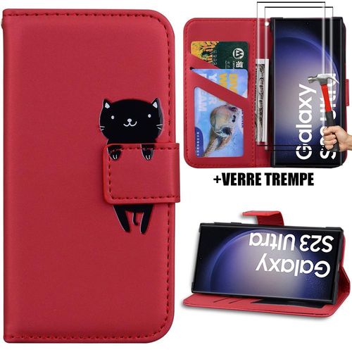Pack Coque + 2 Verres Trempés Pour Samsung Galaxy S23 Ultra, Cuir Pu Rouge Avec Motif Chat Fermeture Magnétique (Pas Pour S23) - Booling