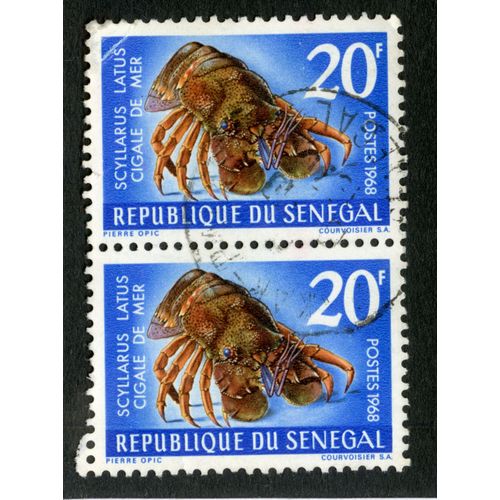 Deux Timbres Oblitérés République Du Sénégal, Scyllarus Latus , Cigale De Mer, Postes 1968, 20 F