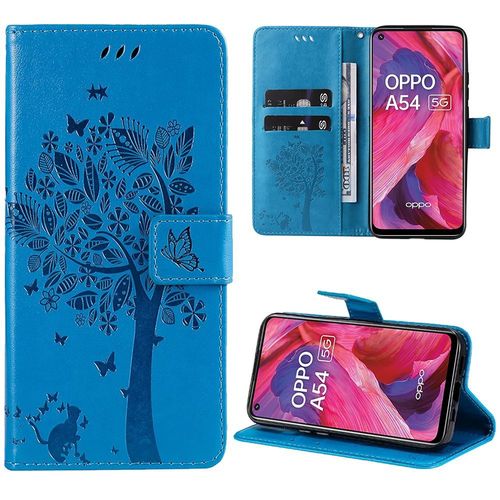 Coque Pour Oppo A54 5g, Protection Anti-Rayures Effet Cuir Bleu Elégant Motif Arbre (Pas Pour A54 4g) - Booling