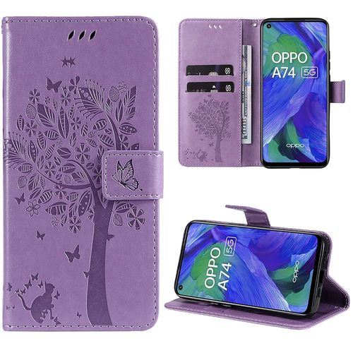Coque Pour Oppo A74 5g, Motif Fleur Arbre Portefeuille Effet Cuir Violet Anti-Rayures (Pas Pour Oppo A74 4g) - Booling