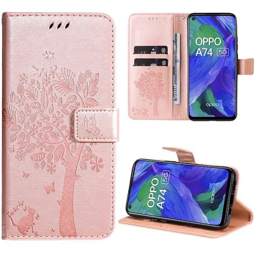 Coque Pour Oppo A74 5g, Protection Rabat Antichoc Effet Cuir Rose Motif Arbre Fleur Elégant (Pas Pour Oppo A74 4g) - Booling