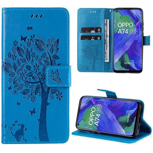 Coque Pour Oppo A74 5g, Housse Rabat Cuir Pu Bleu Avec Motif Arbre Papillon Elégant Fermeture Magnétique (Pas Pour Oppo A74 4g) - Booling