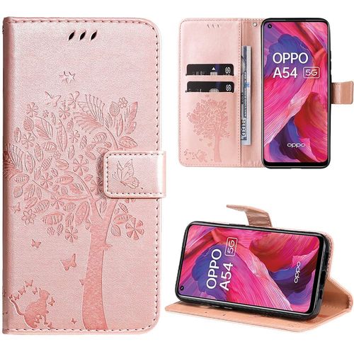 Coque Pour Oppo A54 5g, Protection Antichoc Synthécuir Rose Motif Arbre Chat Fleur (Pas Pour A54 4g) - Booling