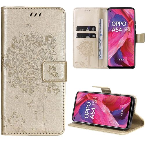 Coque Pour Oppo A54 5g, Flip Case Cuir Synthétique Doré Avec Motif Arbre Papillon Elégant Chic (Pas Pour A54 4g) - Booling