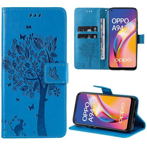 Coque Pour Oppo A94 5g, Protection Anti-Rayures Effet Cuir Bleu Motif Arbre Chat Fleur (Pas Pour Oppo A94 4g) - Booling