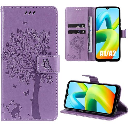 Coque Pour Xiaomi Redmi A1 / Redmi A2, Motif Arbre Papillon Fleur Elégant Portefeuille Effet Cuir Violet - Booling