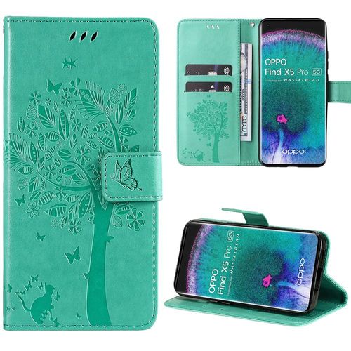 Coque Pour Oppo Find X5 Pro, Housse Rabat Cuir Pu Vert Avec Motif Chat Arbre Papillon - Booling