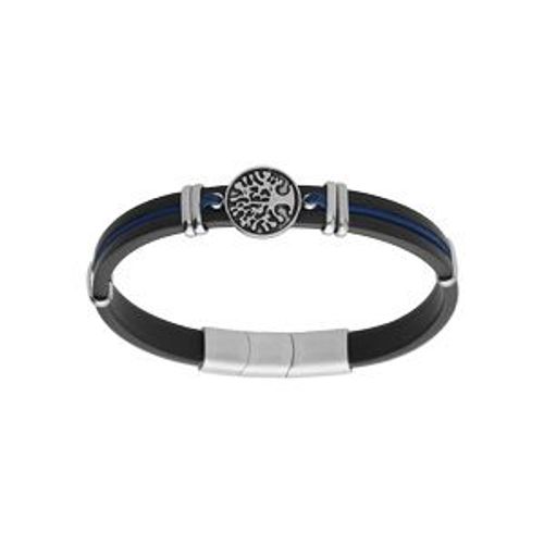 Bracelet Acier Et Caoutchouc Noir Avec Cordon Bleu Motif Arbre De Vie 19.5+1cm Double Fermoir