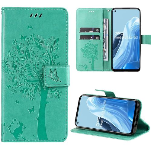 Coque Pour Oppo Find X5 Lite, Housse Flip Case Cuir Synthétique Vert Avec Motif Arbre - Booling