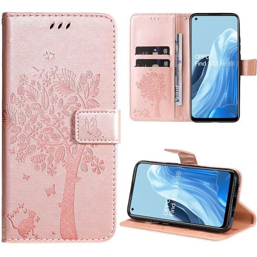 Coque Pour Oppo Find X5 Lite, Protection Anti-Rayures Effet Cuir Rose Motif Arbre Chat Fleur - Booling