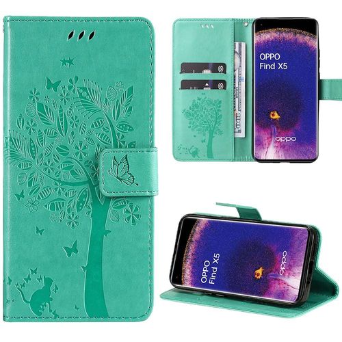 Coque Pour Oppo Find X5, Flip Case Cuir Synthétique Vert Elégant En Motif Fleur Arbre - Booling