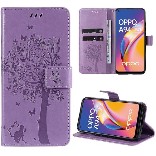 Coque Pour Oppo A94 5g, Protection Antichoc Synthécuir Violet Motif Arbre Chat Fleur (Pas Pour A94 4g) - Booling
