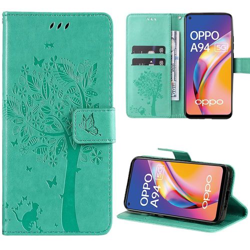 Coque Pour Oppo A94 5g, Flip Case Cuir Synthétique Vert Avec Motif Arbre Papillon Elégant Chic (Pas Pour A94 4g) - Booling