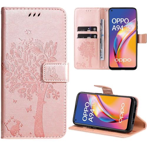 Coque Pour Oppo A94 5g, Protection Anti-Rayures Effet Cuir Rose Elégant Motif Arbre (Pas Pour A94 4g) - Booling