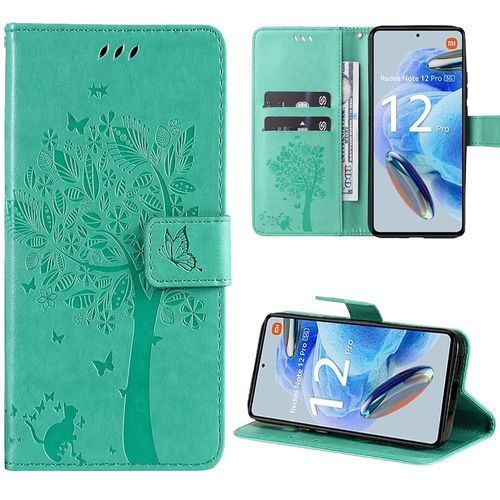 Coque Pour Xiaomi Redmi Note 12 Pro 5g, Motif Arbre Papillon Fleur Elégant Portefeuille Effet Cuir Vert - Booling