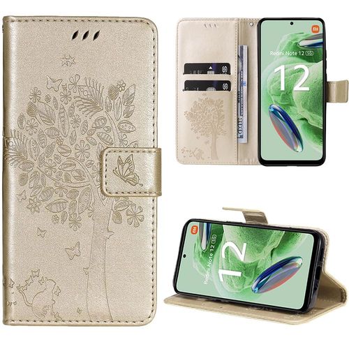 Coque Pour Xiaomi Redmi Note 12 5g, Effet Cuir Doré Fermeture Magnétique Motif Arbre Chat (Pas Pour Redmi 12 5g) - Booling