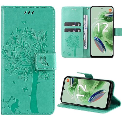 Coque Pour Xiaomi Redmi Note 12 5g, Protection Anti-Rayures Effet Cuir Vert Motif Arbre Chat Fleur (Pas Pour Redmi 12 5g) - Booling