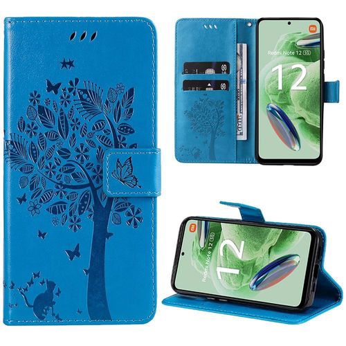 Coque Pour Xiaomi Redmi Note 12 5g, Protection Rabat Antichoc Effet Cuir Bleu Motif Arbre Fleur Elégant (Pas Pour Redmi 12 5g) - Booling