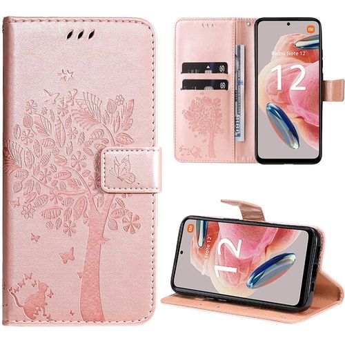 Coque Pour Xiaomi Redmi Note 12 4g, Housse Rabat Cuir Pu Rose Avec Motif Chat Arbre Papillon Fermeture Magnétique - Booling