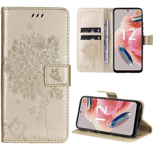 Coque Pour Xiaomi Redmi Note 12 4g, Motif Arbre Papillon Fleur Elégant Portefeuille Effet Cuir Doré - Booling