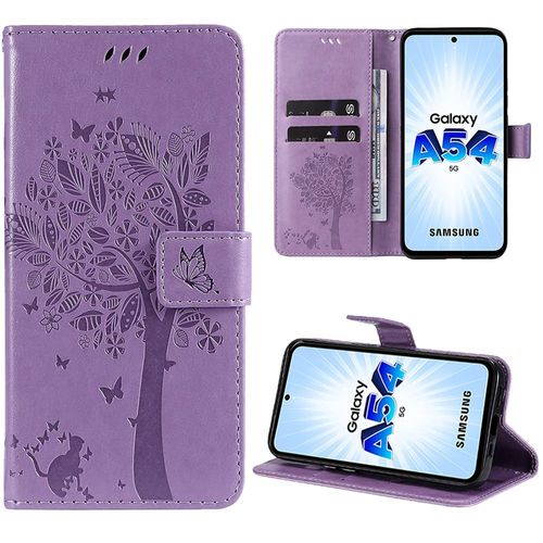 Coque Pour Samsung Galaxy A54 5g, Flip Case Cuir Synthétique Violet Avec Motif Arbre Papillon Elégant Chic - Booling