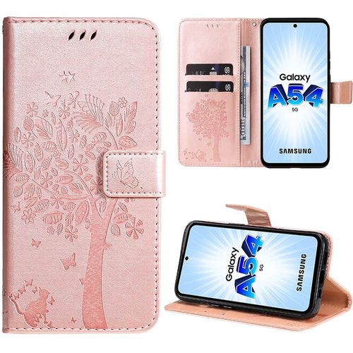 Coque Pour Samsung Galaxy A54 5g, Housse Flip Case Cuir Synthétique Rose Avec Motif Arbre - Booling