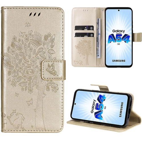Coque Pour Samsung Galaxy A54 5g, Protection Anti-Rayures Effet Cuir Doré Motif Arbre Chat Fleur - Booling