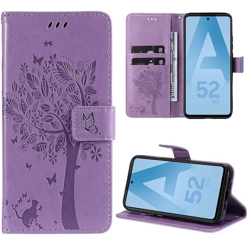 Coque Pour Samsung Galaxy A52 4g/5g A52s 5g, Protection Anti-Rayures Effet Cuir Elégant Motif Arbre - Violet - Booling