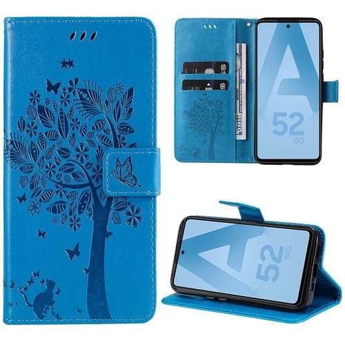 Coque Pour Samsung Galaxy A52 4g/5g A52s 5g, Effet Cuir Fermeture Magnétique Motif Arbre Chat - Bleu - Booling