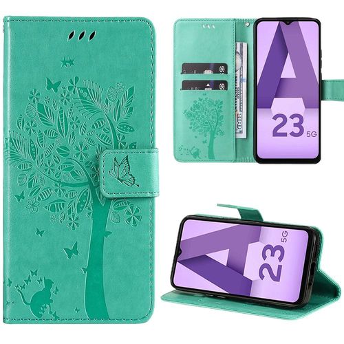 Coque Pour Samsung Galaxy A23 5g, Effet Cuir Vert Fermeture Magnétique Motif Arbre Chat - Booling