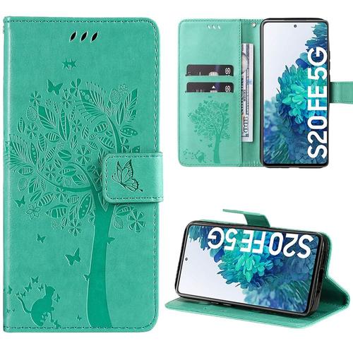 Coque Pour Samsung Galaxy S20 Fe, Protection Anti-Rayures Effet Cuir Vert Motif Arbre Chat Fleur (Pas Pour S20) - Booling