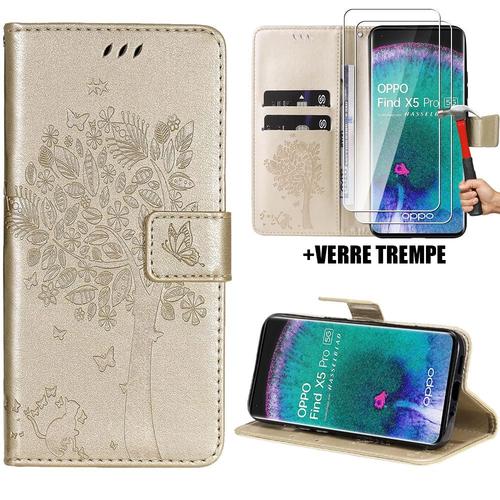 Coque Pour Oppo Find X5 Pro, Protection Antichoc Synthécuir Doré Motif Arbre Chat Fleur + 2 Protection D'écran Verre Trempé - Booling