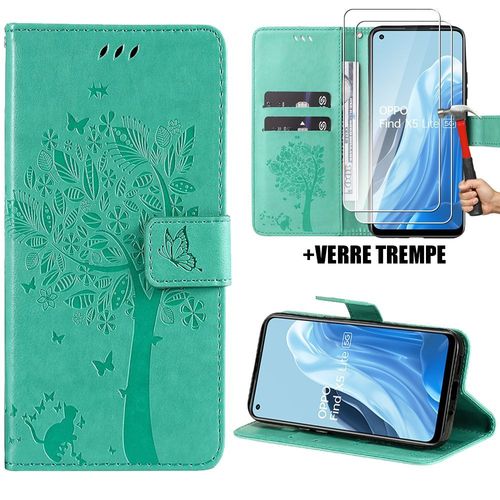 Coque Pour Oppo Find X5 Lite, Housse Flip Case Cuir Synthétique Vert Avec Motif Arbre + 2 Protection D'écran Verre Trempé - Booling